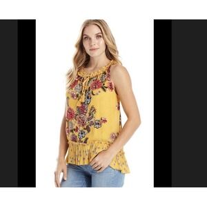 BILA Gold Yellow Floral Sleeveless Tank Top Blouse Tassel V Neck Boho Spring XL